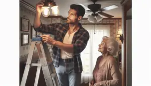 a man on a ladder holding a light bulb