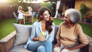 a woman and an old woman sitting on a couch