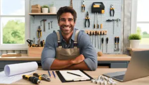 a man sitting at a desk with his arms crossed