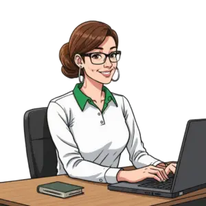 a cartoon of a woman using a laptop