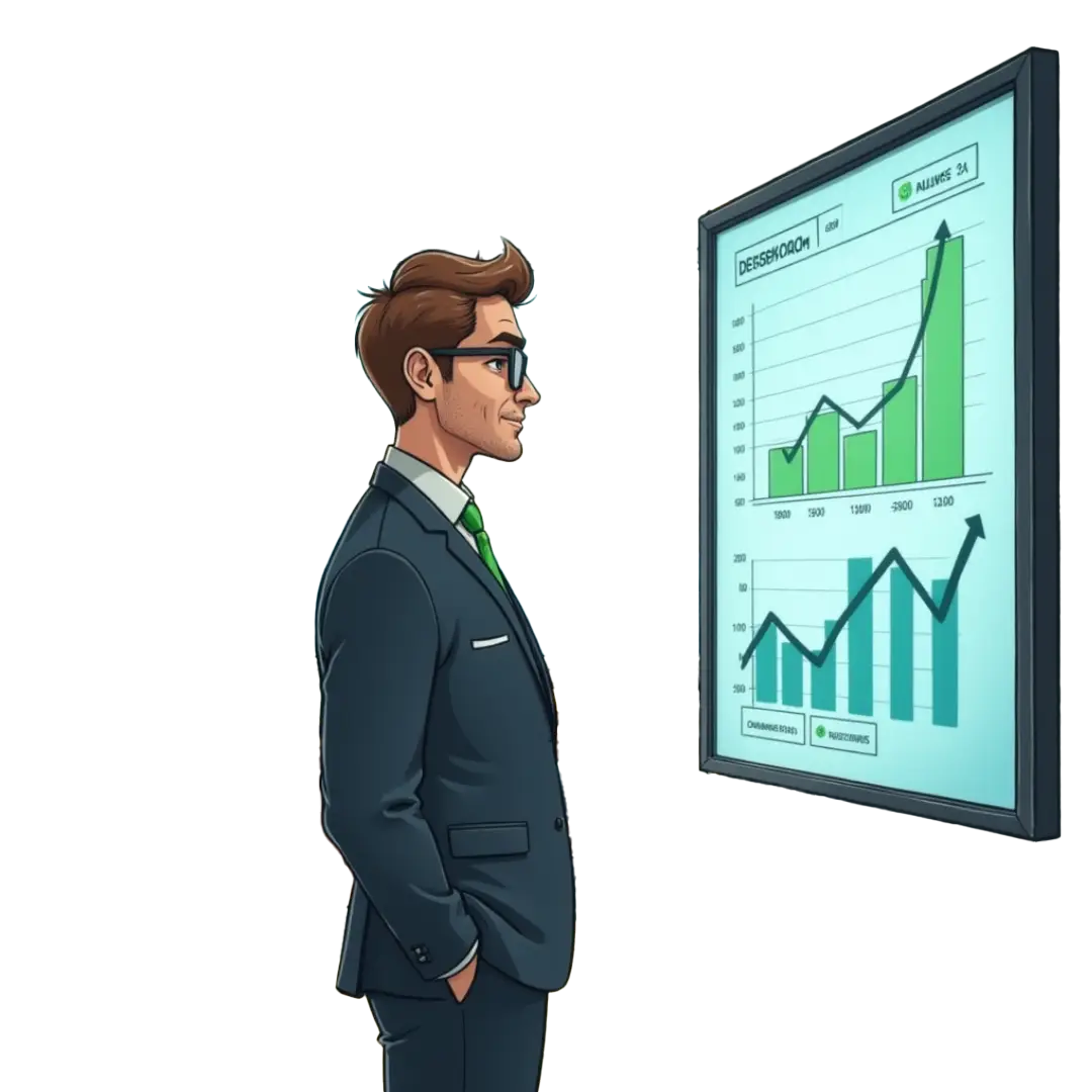 a man in a suit looking at a screen