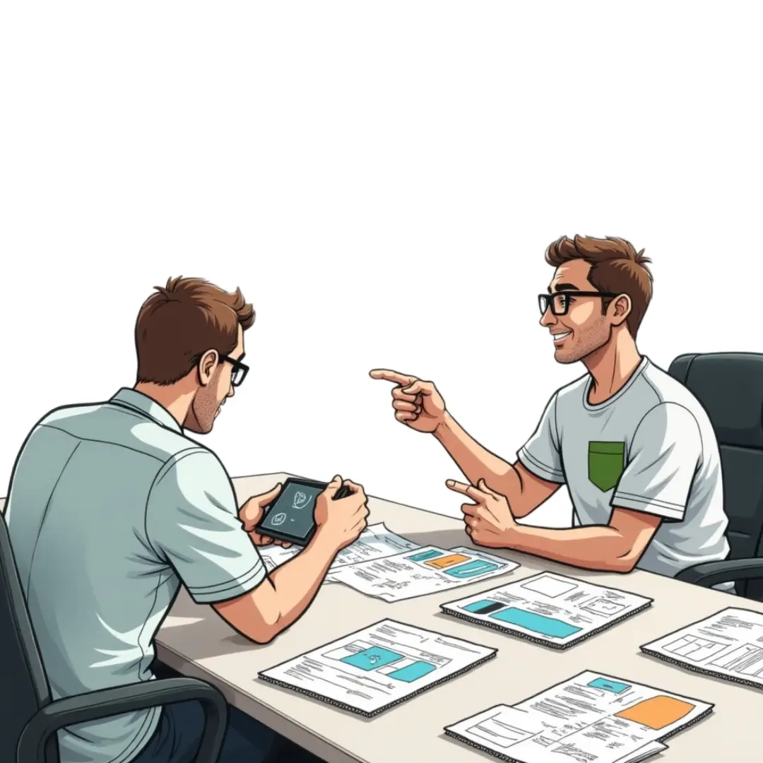 a cartoon of two men sitting at a table with papers